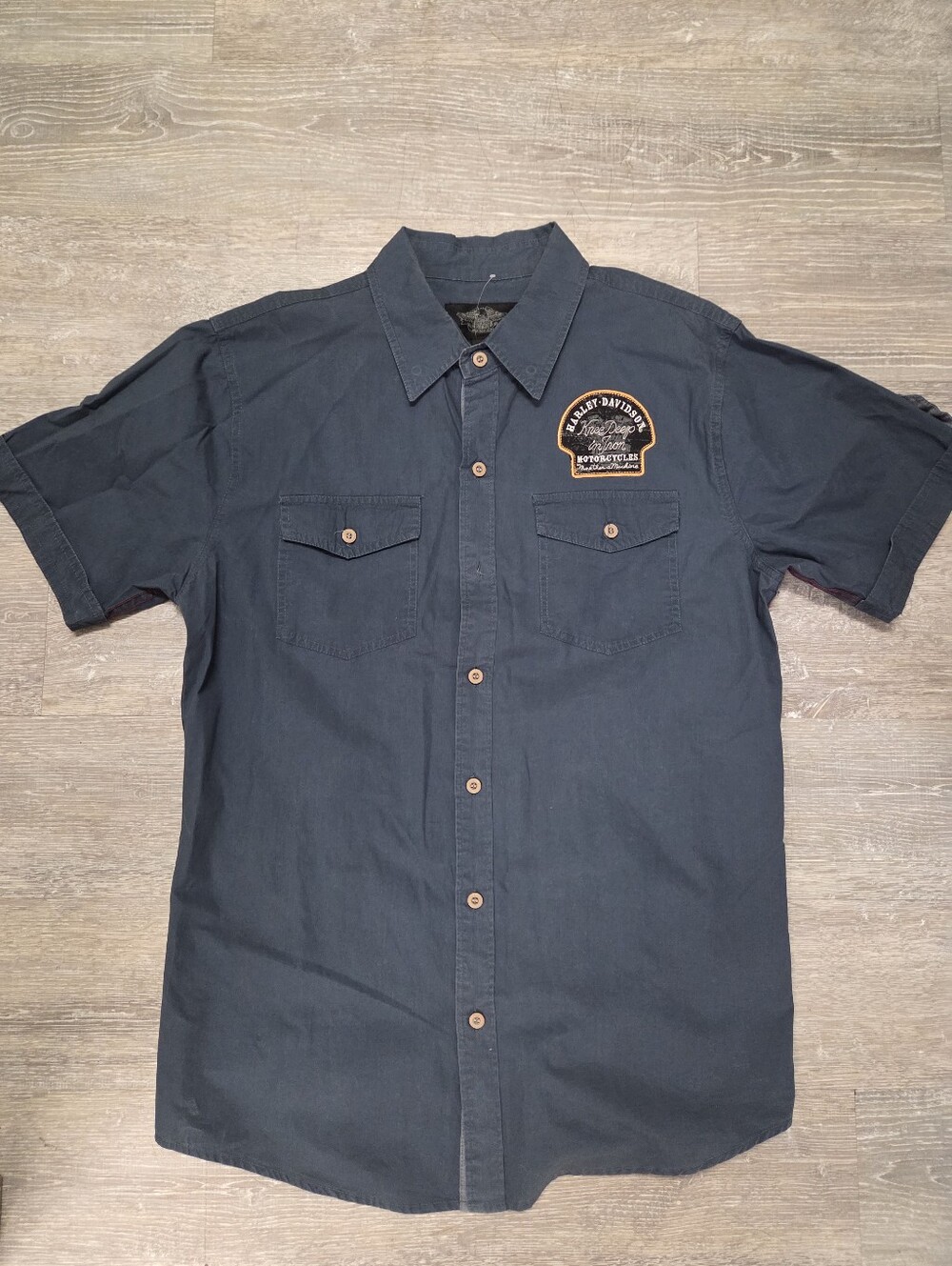 Harley-Davidson Navy Short Sleeve Button-Up Shirt with Embroidered Patch, VTG